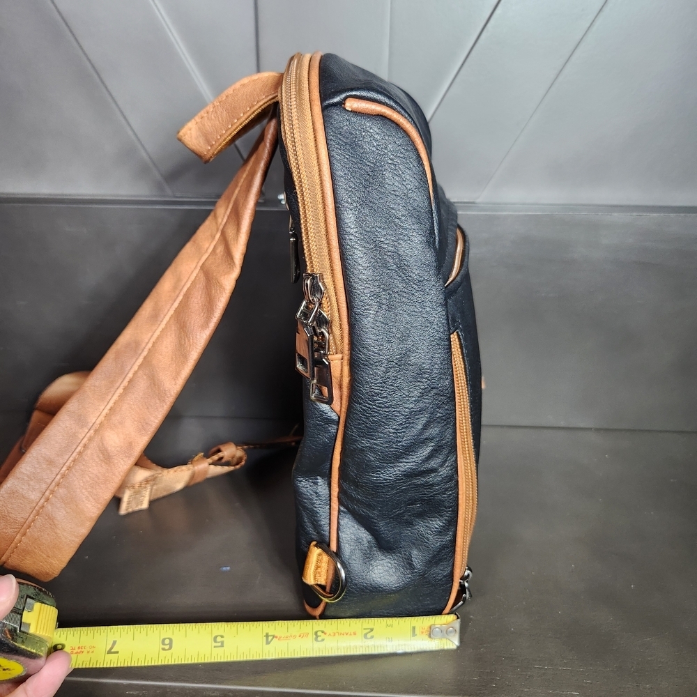Fadeon Two-Tone Black and Tan Faux Leather Crossbody Sling Shoulder Bag - Picture 9 of 12